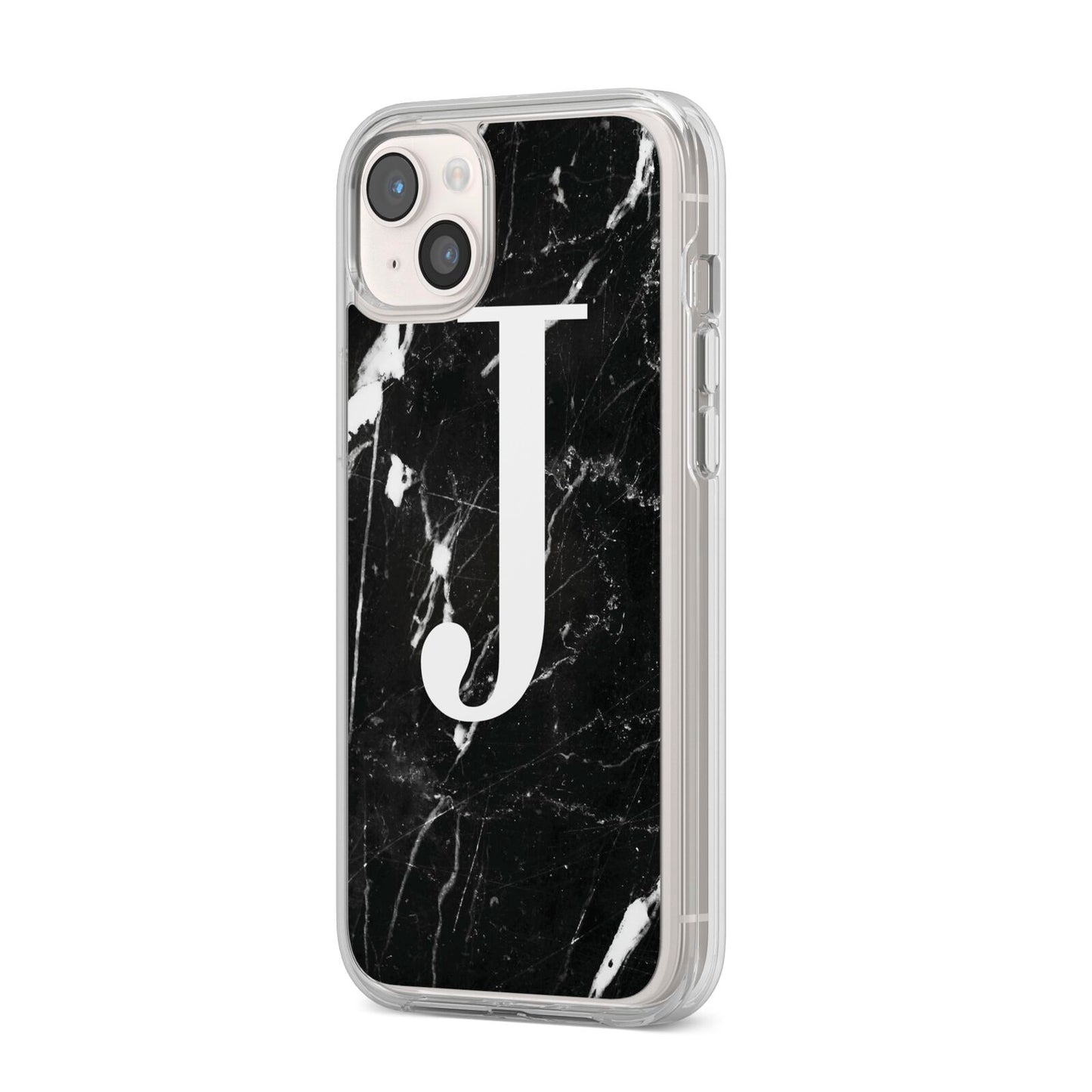 Marble White Initial Personalised iPhone 14 Plus Clear Tough Case Starlight Angled Image