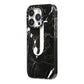 Marble White Initial Personalised iPhone 14 Pro Black Impact Case Side Angle on Silver phone