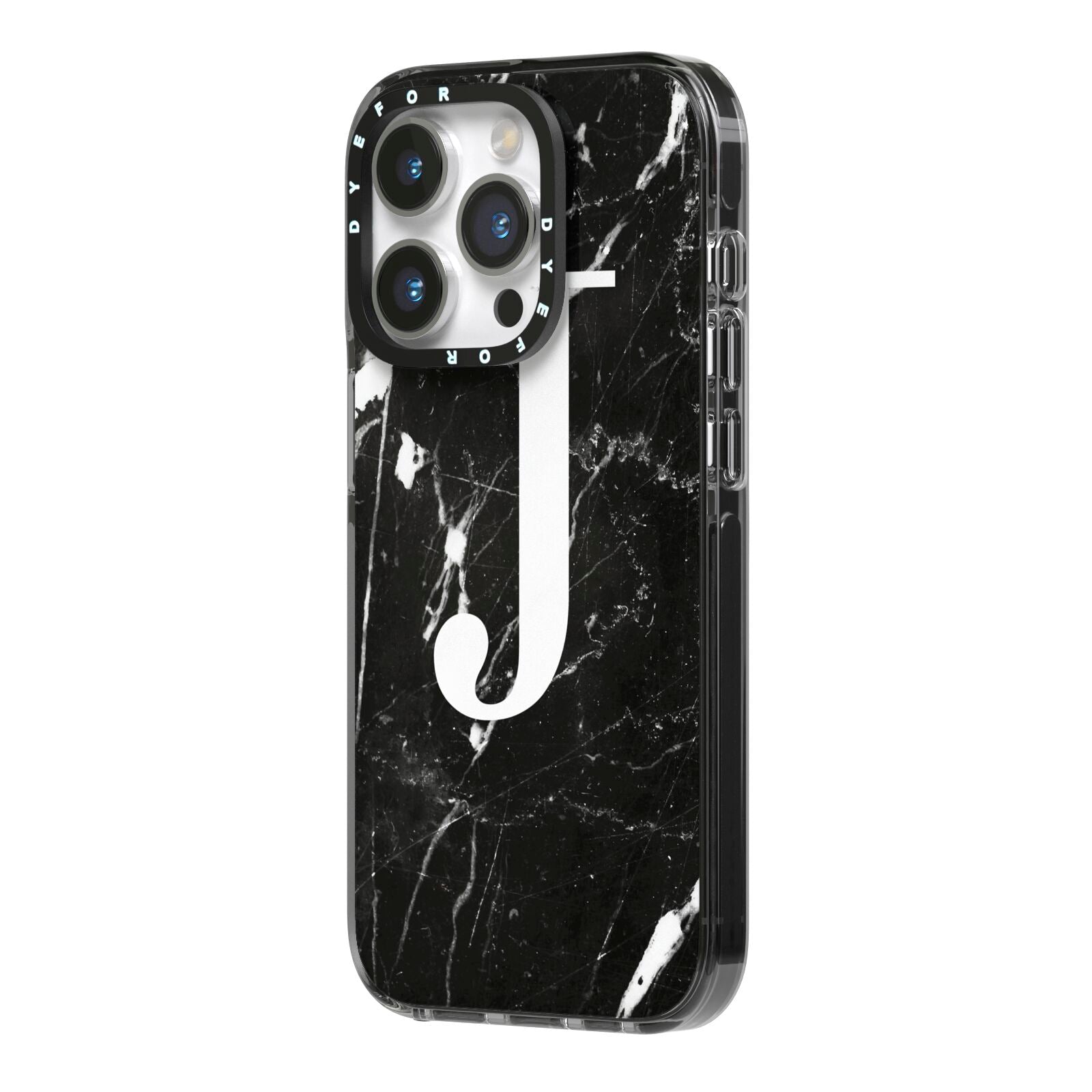 Marble White Initial Personalised iPhone 14 Pro Black Impact Case Side Angle on Silver phone