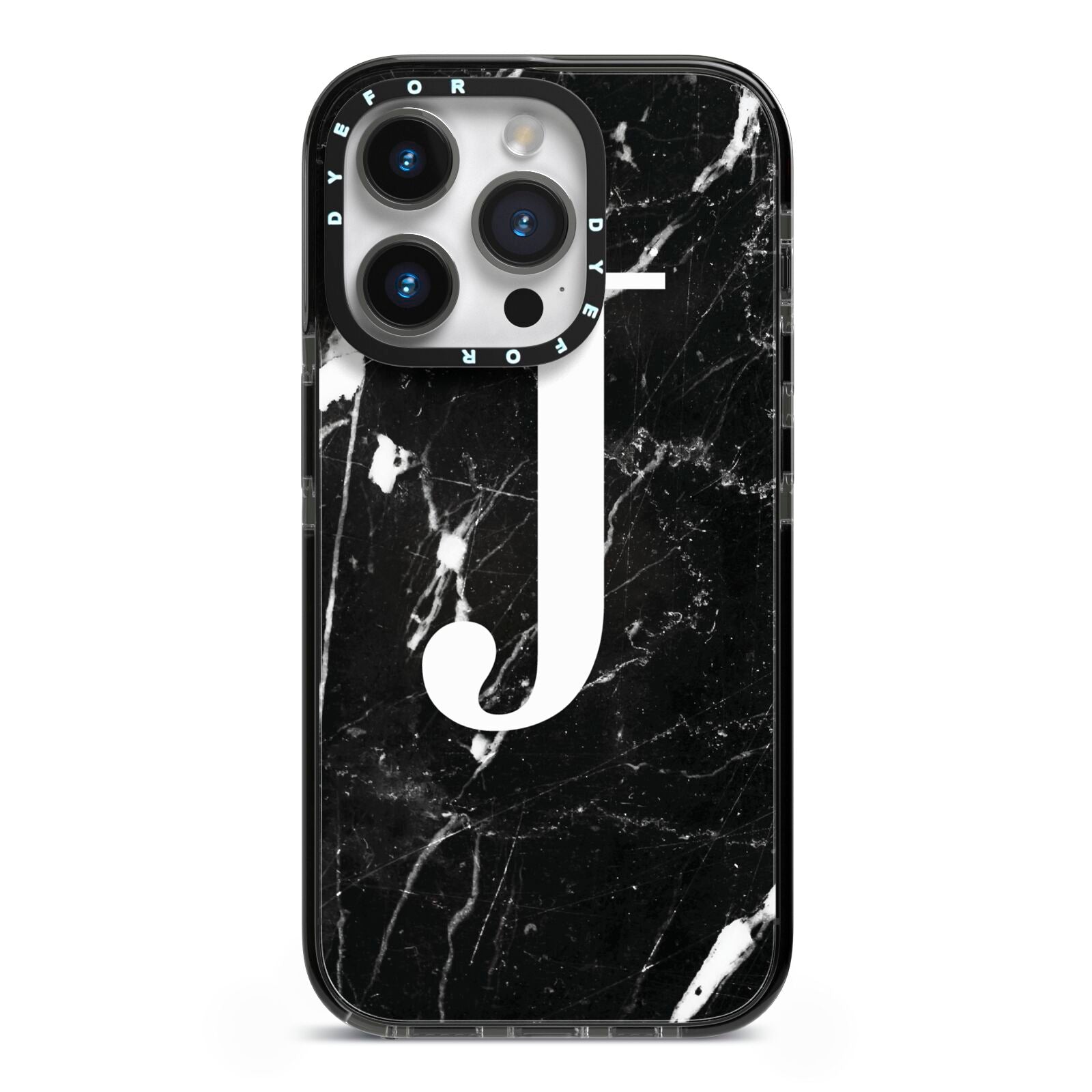 Marble White Initial Personalised iPhone 14 Pro Black Impact Case on Silver phone