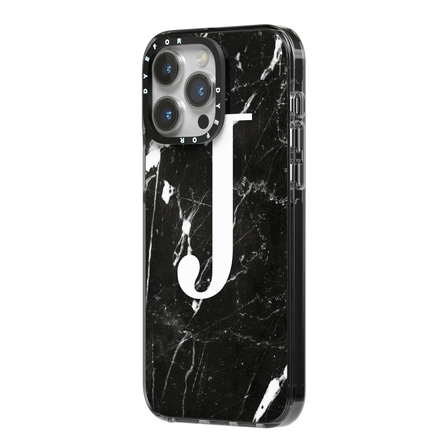 Marble White Initial Personalised iPhone 14 Pro Max Black Impact Case Side Angle on Silver phone