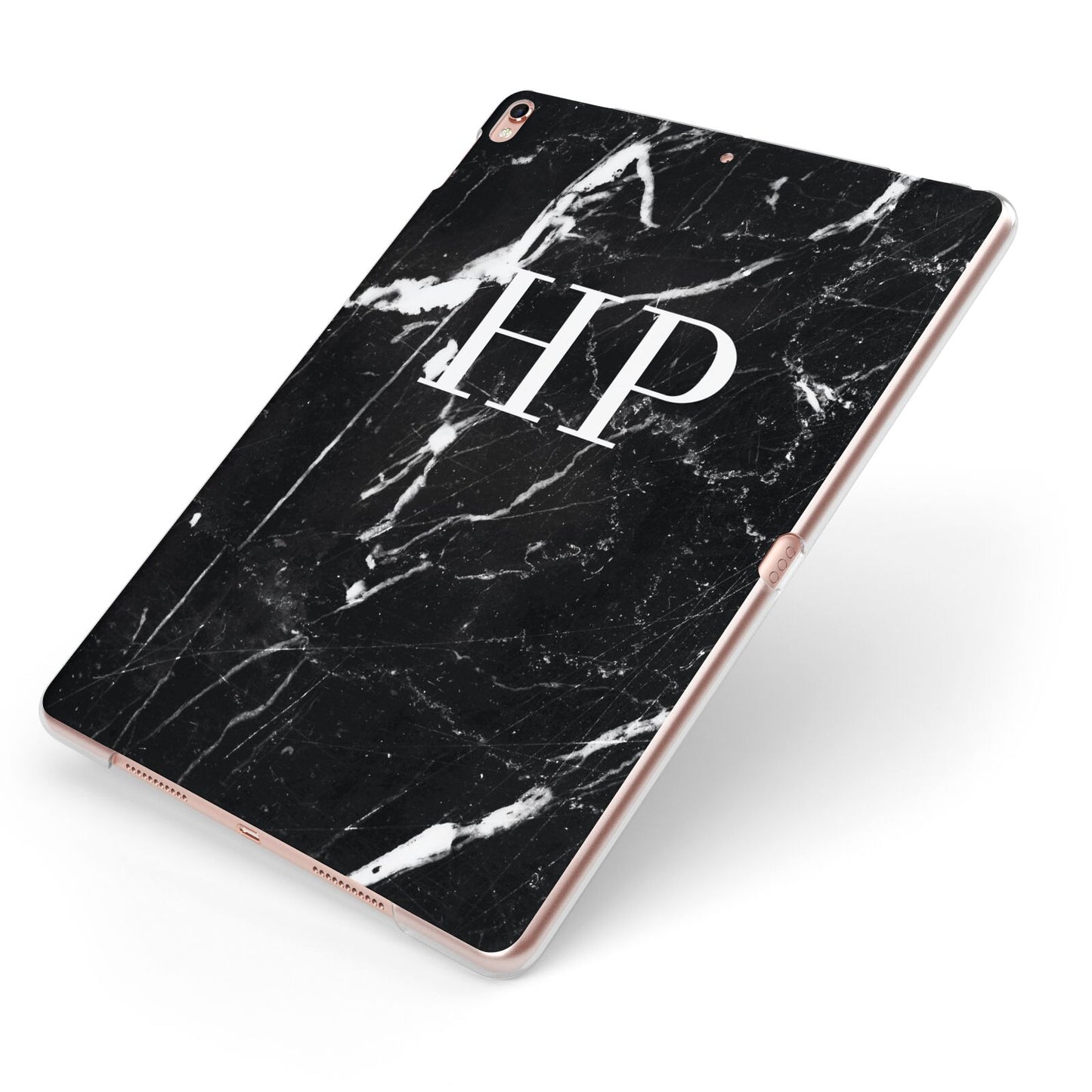 Marble White Initials Monogram Personalised Apple iPad Case on Rose Gold iPad Side View