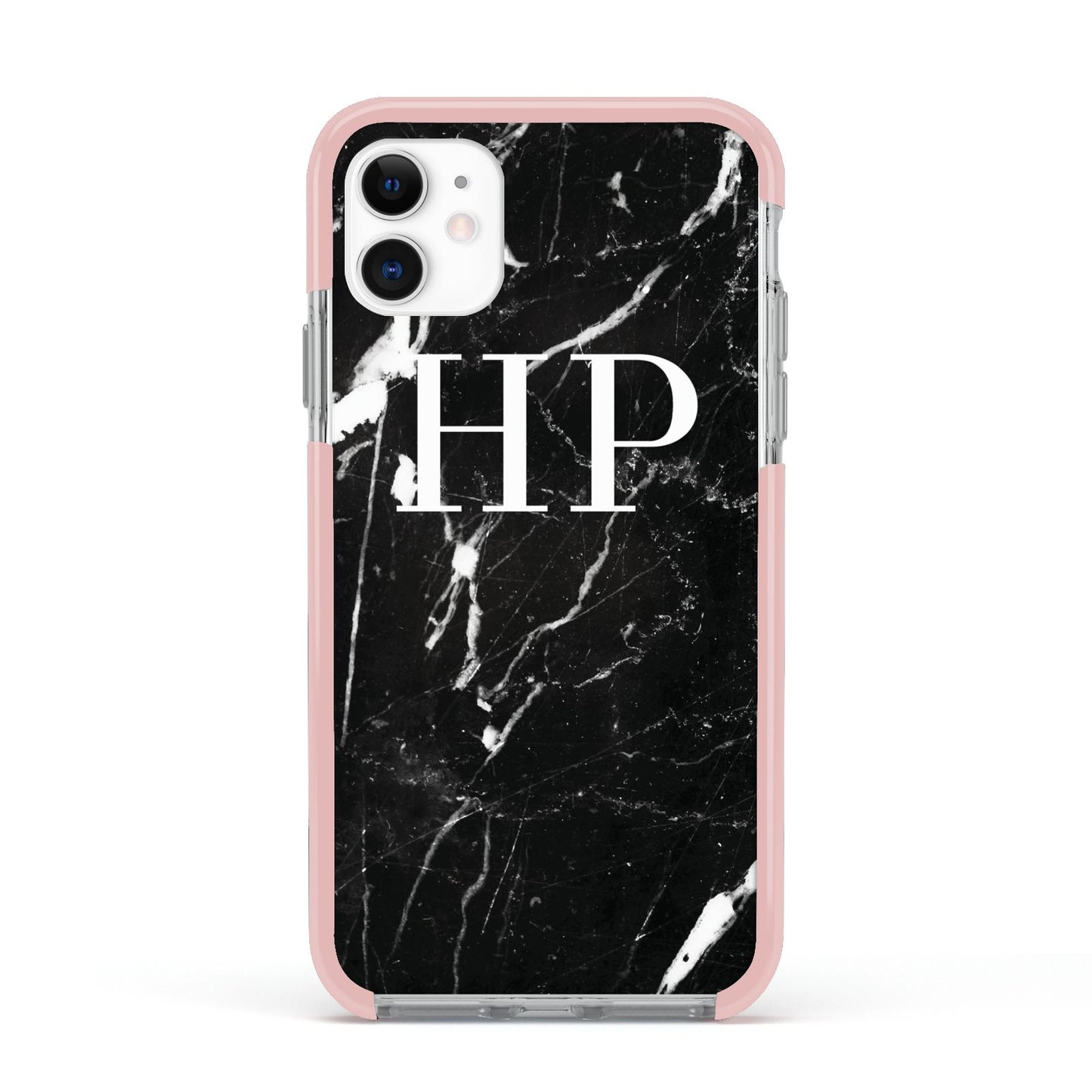 Marble White Initials Monogram Personalised Apple iPhone 11 in White with Pink Impact Case