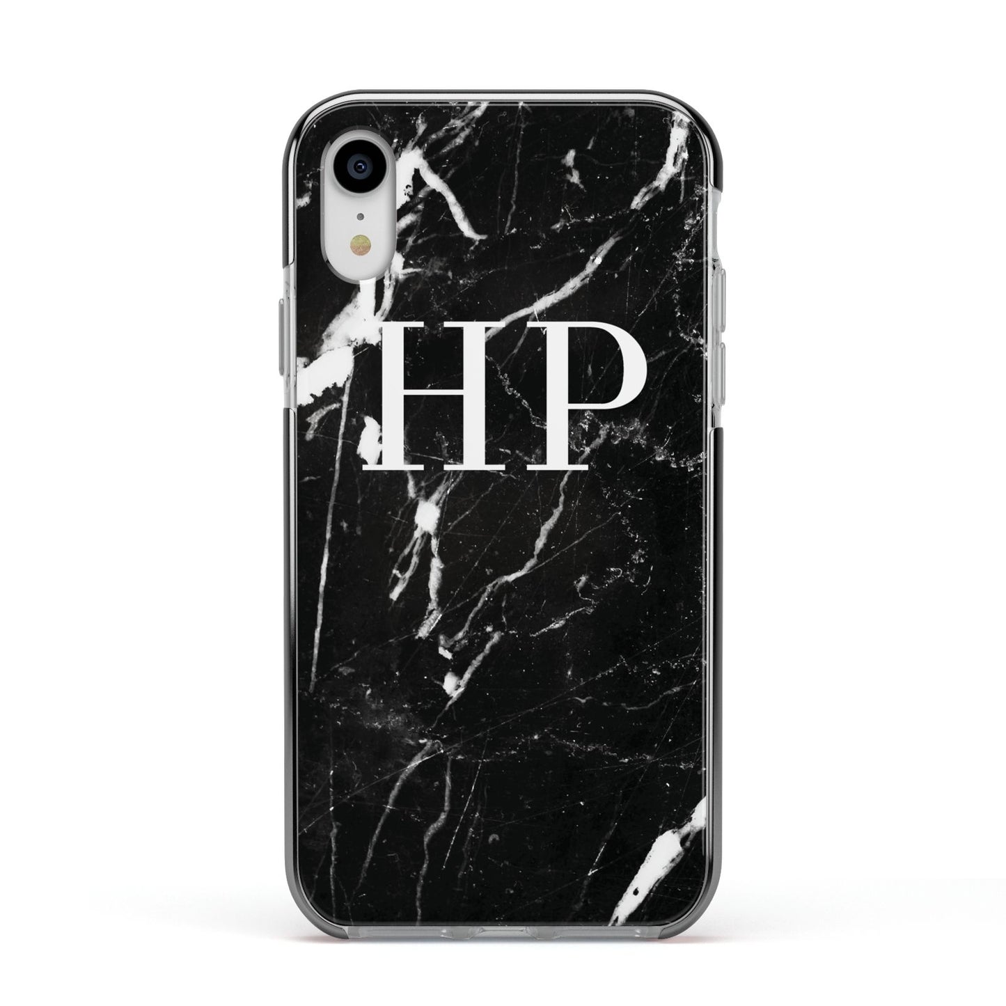 Marble White Initials Monogram Personalised Apple iPhone XR Impact Case Black Edge on Silver Phone
