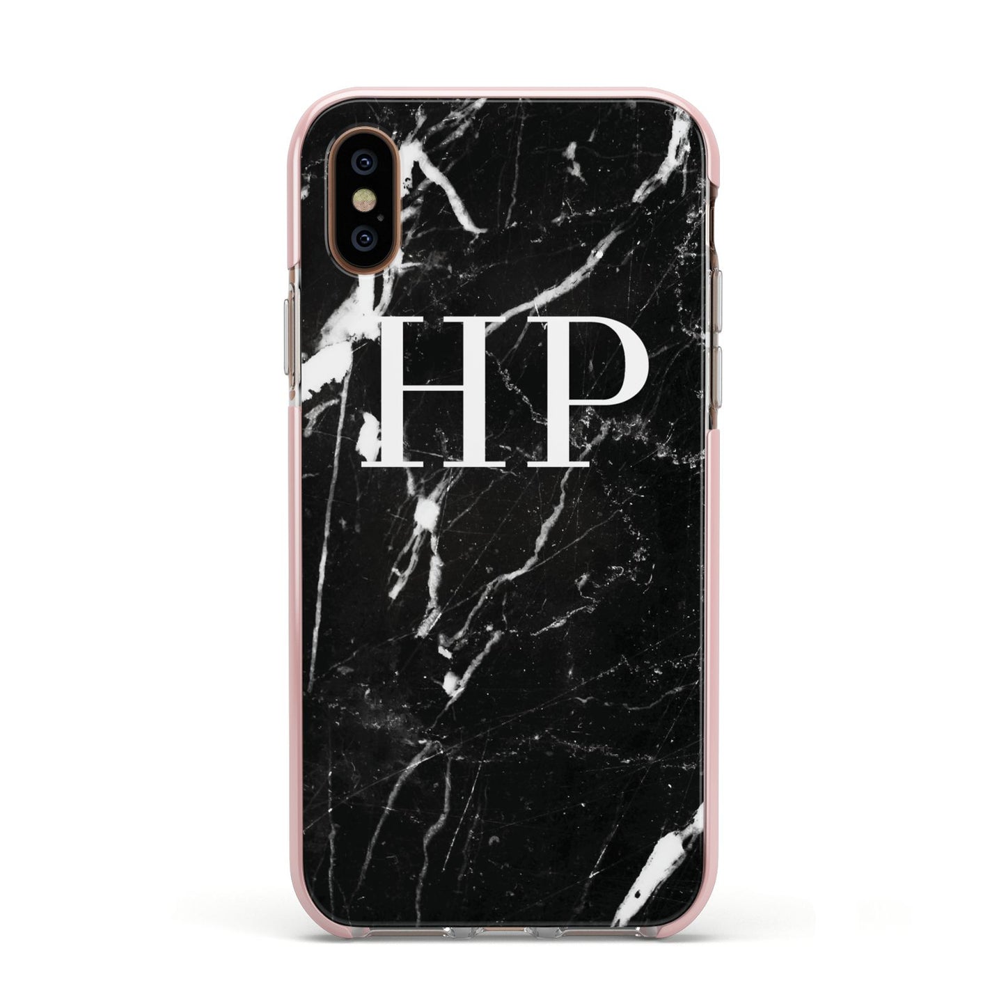 Marble White Initials Monogram Personalised Apple iPhone Xs Impact Case Pink Edge on Gold Phone