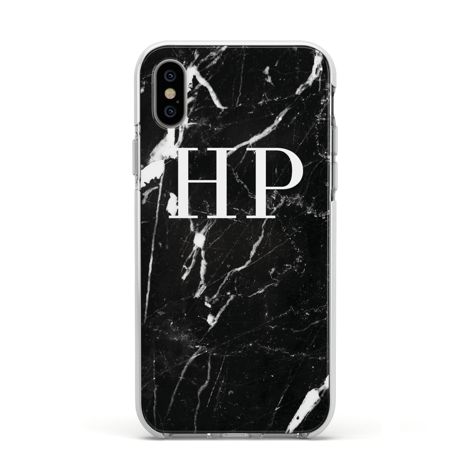 Marble White Initials Monogram Personalised Apple iPhone Xs Impact Case White Edge on Silver Phone
