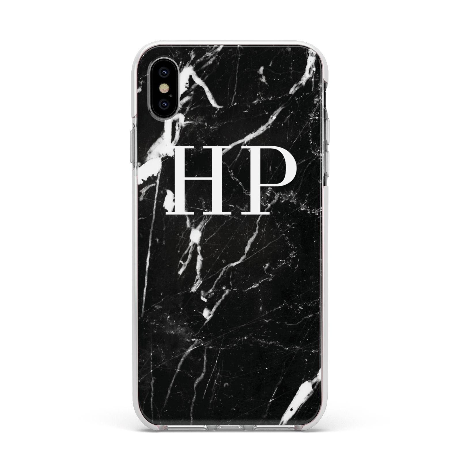 Marble White Initials Monogram Personalised Apple iPhone Xs Max Impact Case White Edge on Silver Phone