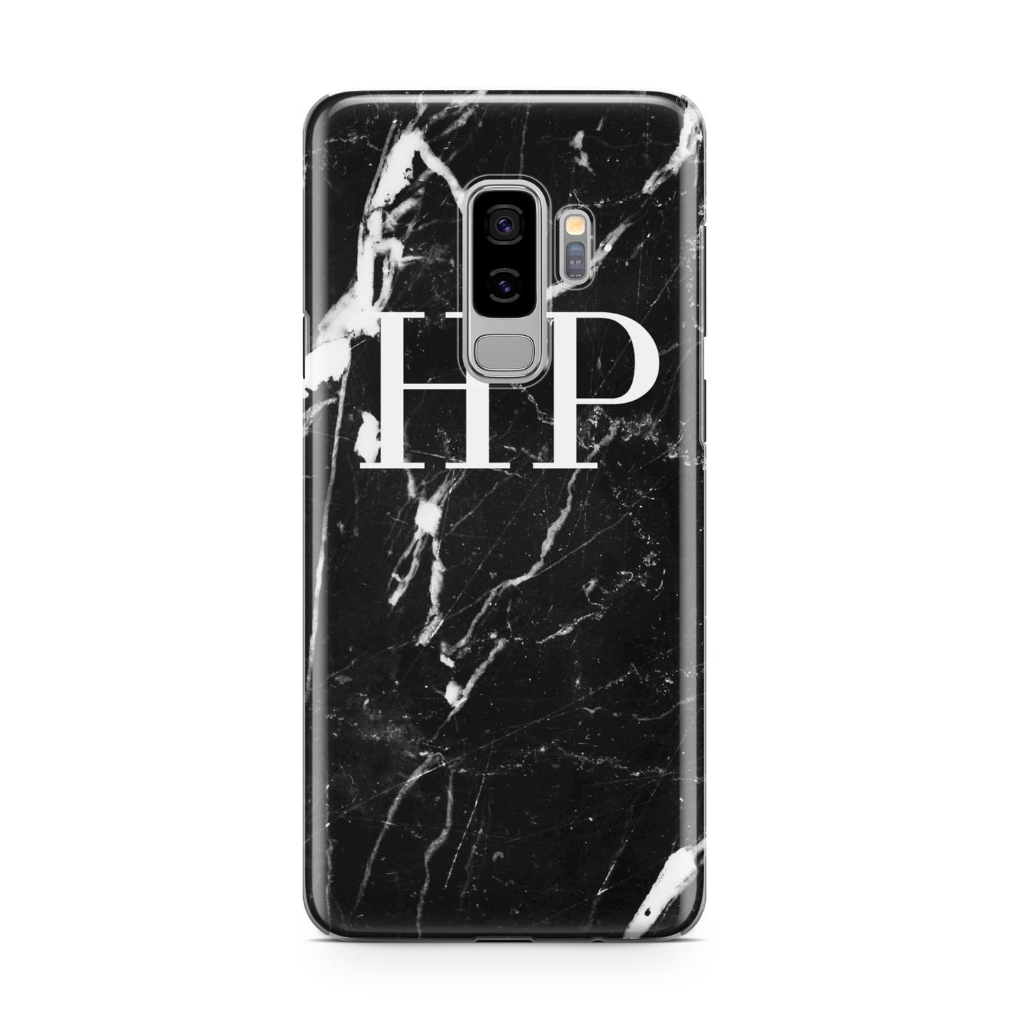 Marble White Initials Monogram Personalised Samsung Galaxy S9 Plus Case on Silver phone
