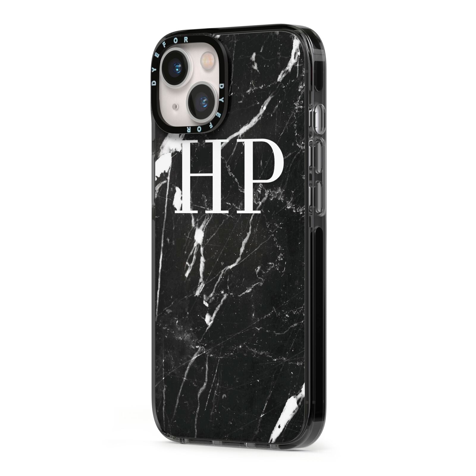 Marble White Initials Monogram Personalised iPhone 13 Black Impact Case Side Angle on Silver phone