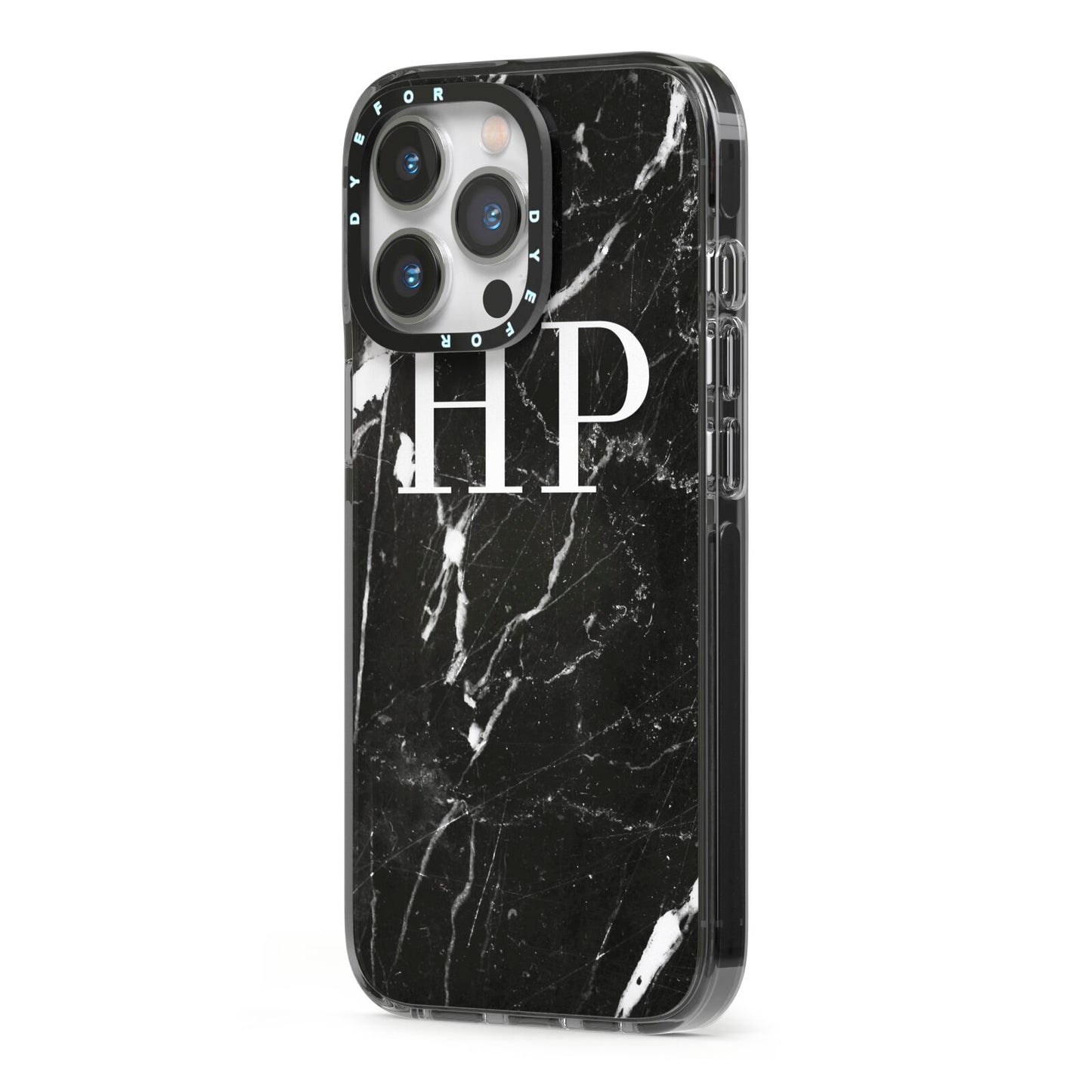 Marble White Initials Monogram Personalised iPhone 13 Pro Black Impact Case Side Angle on Silver phone