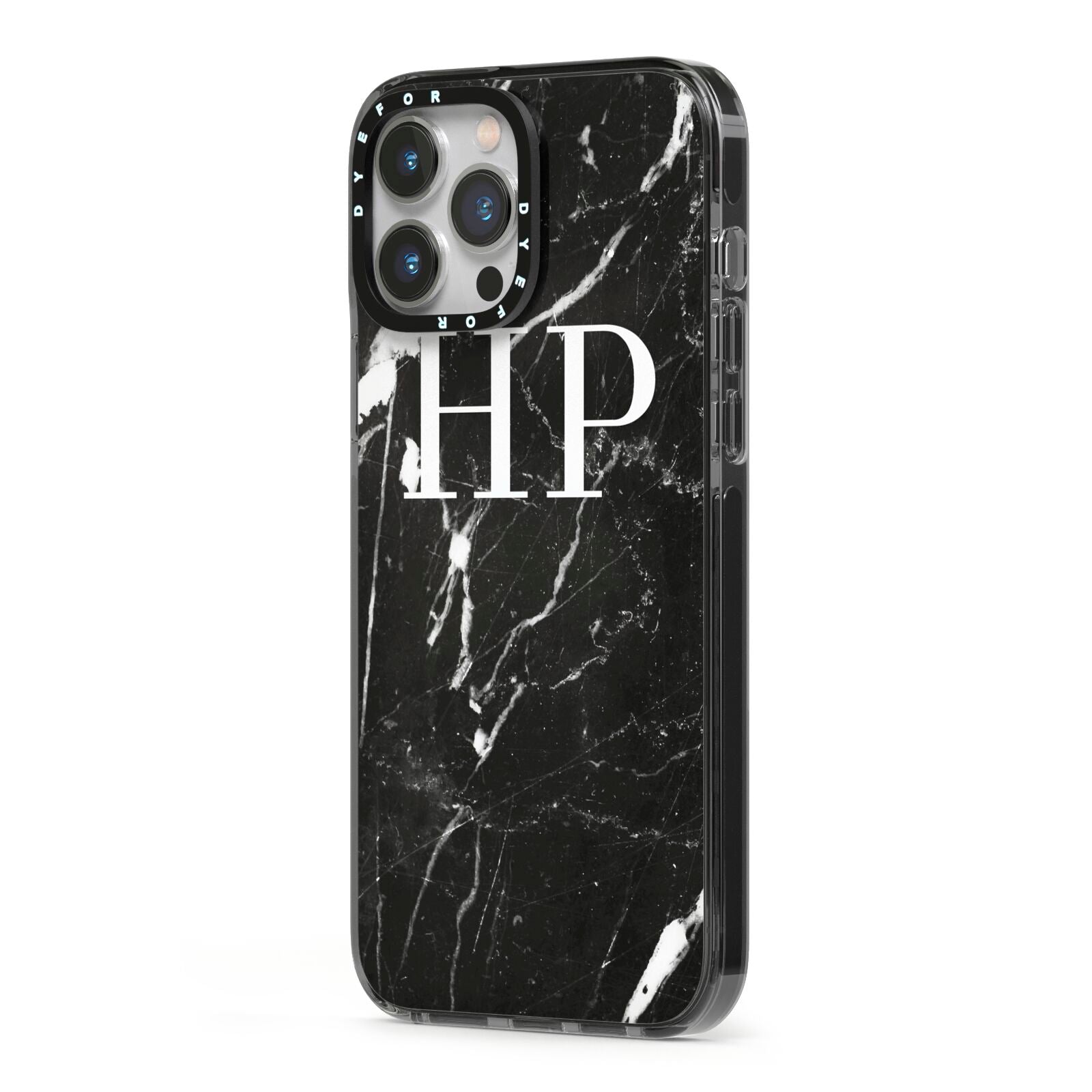 Marble White Initials Monogram Personalised iPhone 13 Pro Max Black Impact Case Side Angle on Silver phone