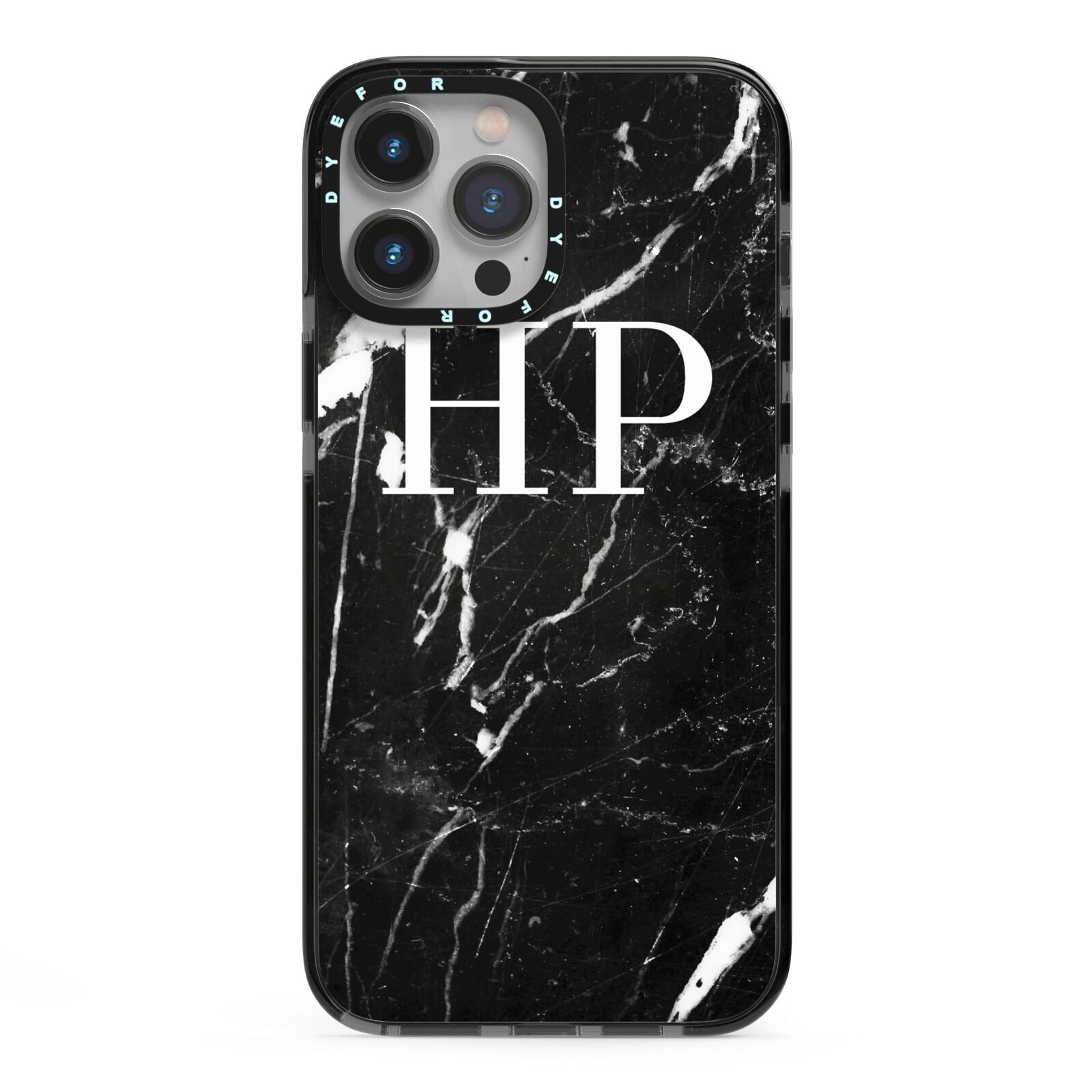 Marble White Initials Monogram Personalised iPhone 13 Pro Max Black Impact Case on Silver phone