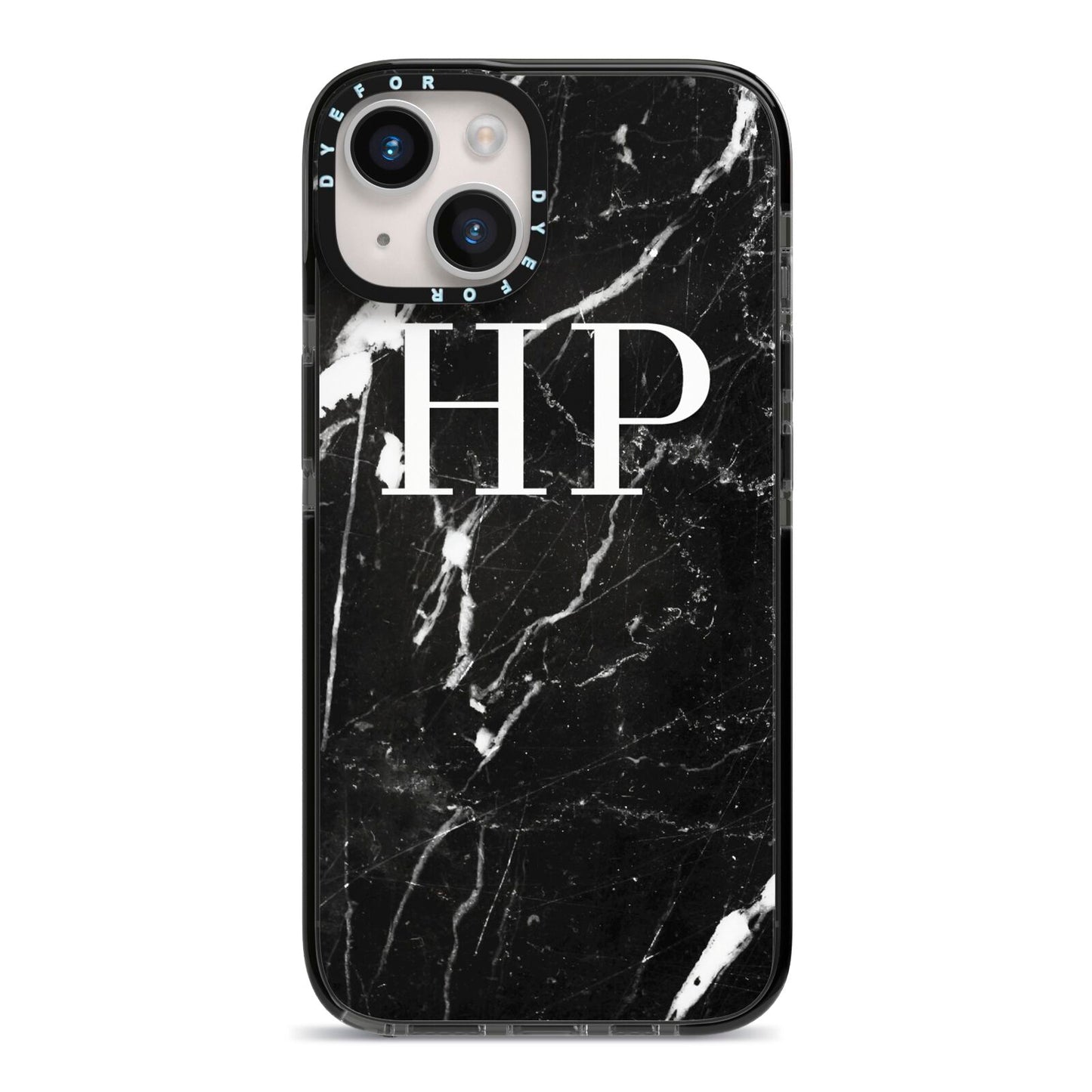 Marble White Initials Monogram Personalised iPhone 14 Black Impact Case on Silver phone