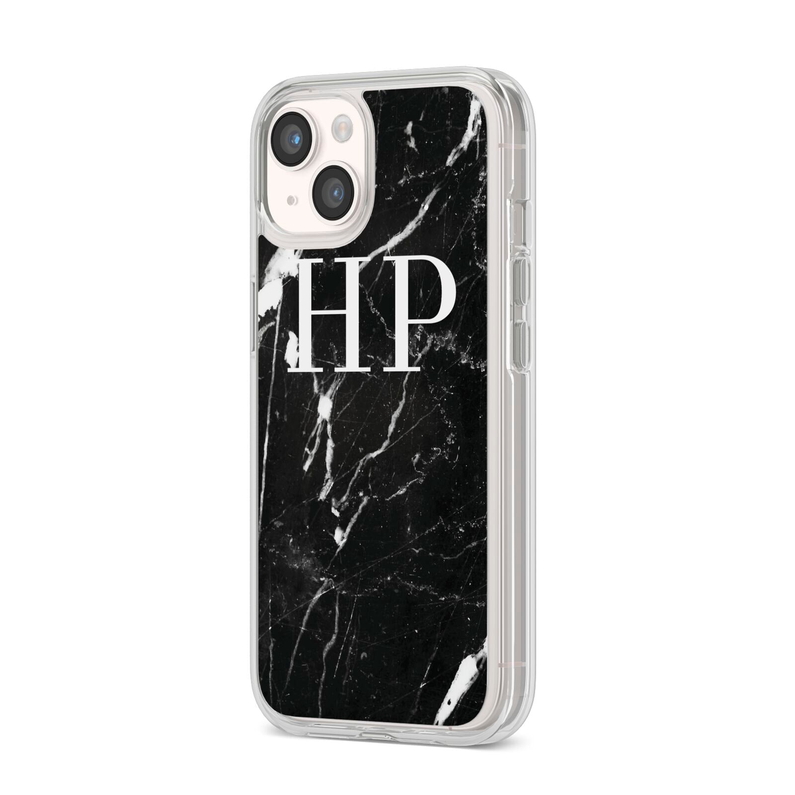 Marble White Initials Monogram Personalised iPhone 14 Clear Tough Case Starlight Angled Image