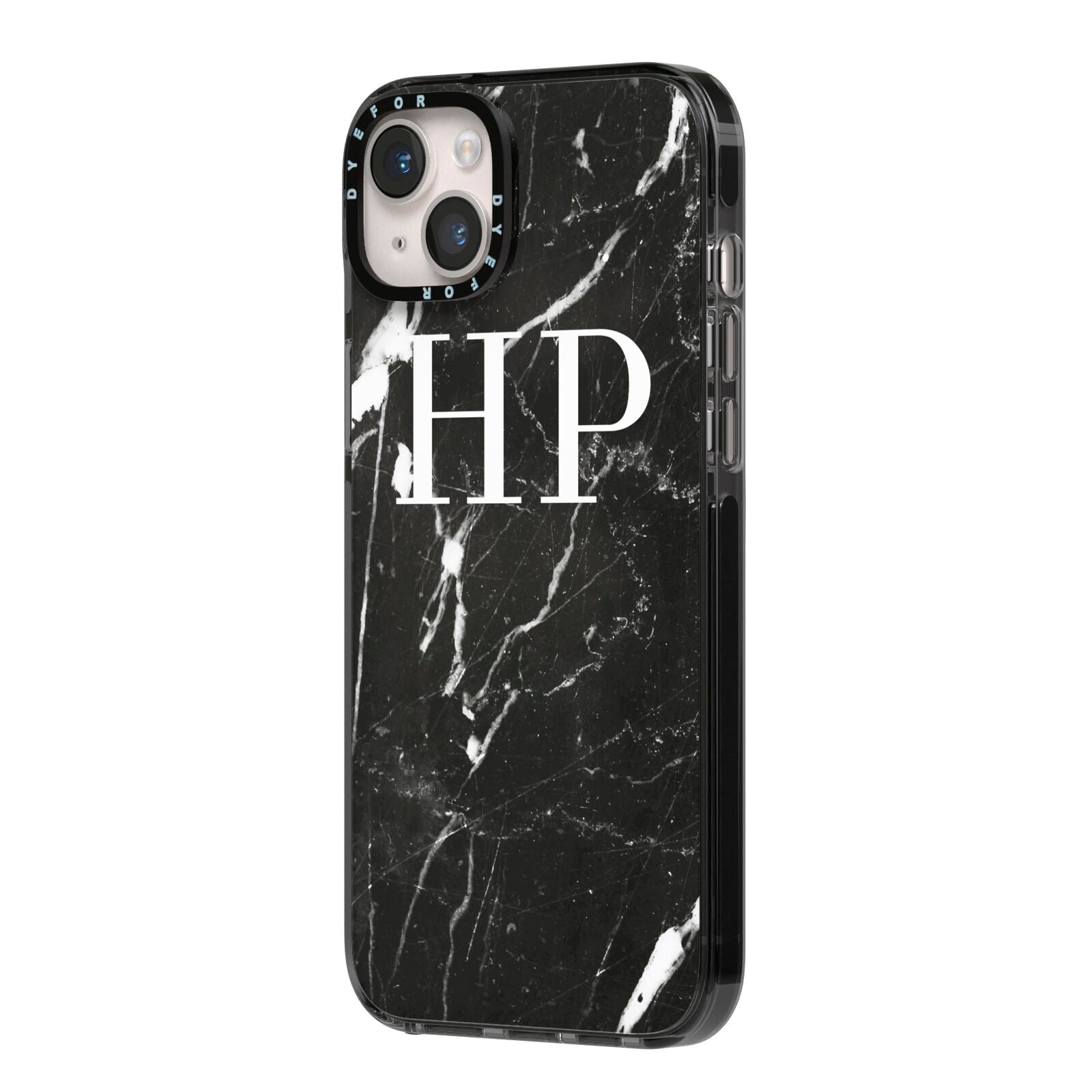 Marble White Initials Monogram Personalised iPhone 14 Plus Black Impact Case Side Angle on Silver phone