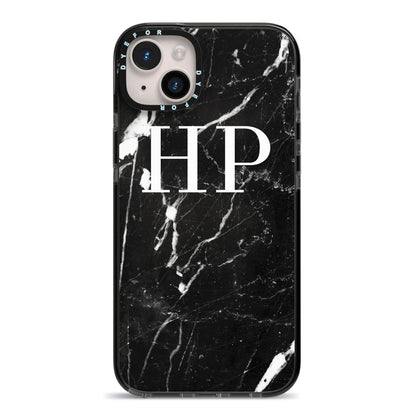 Marble White Initials Monogram Personalised iPhone 14 Plus Black Impact Case on Silver phone