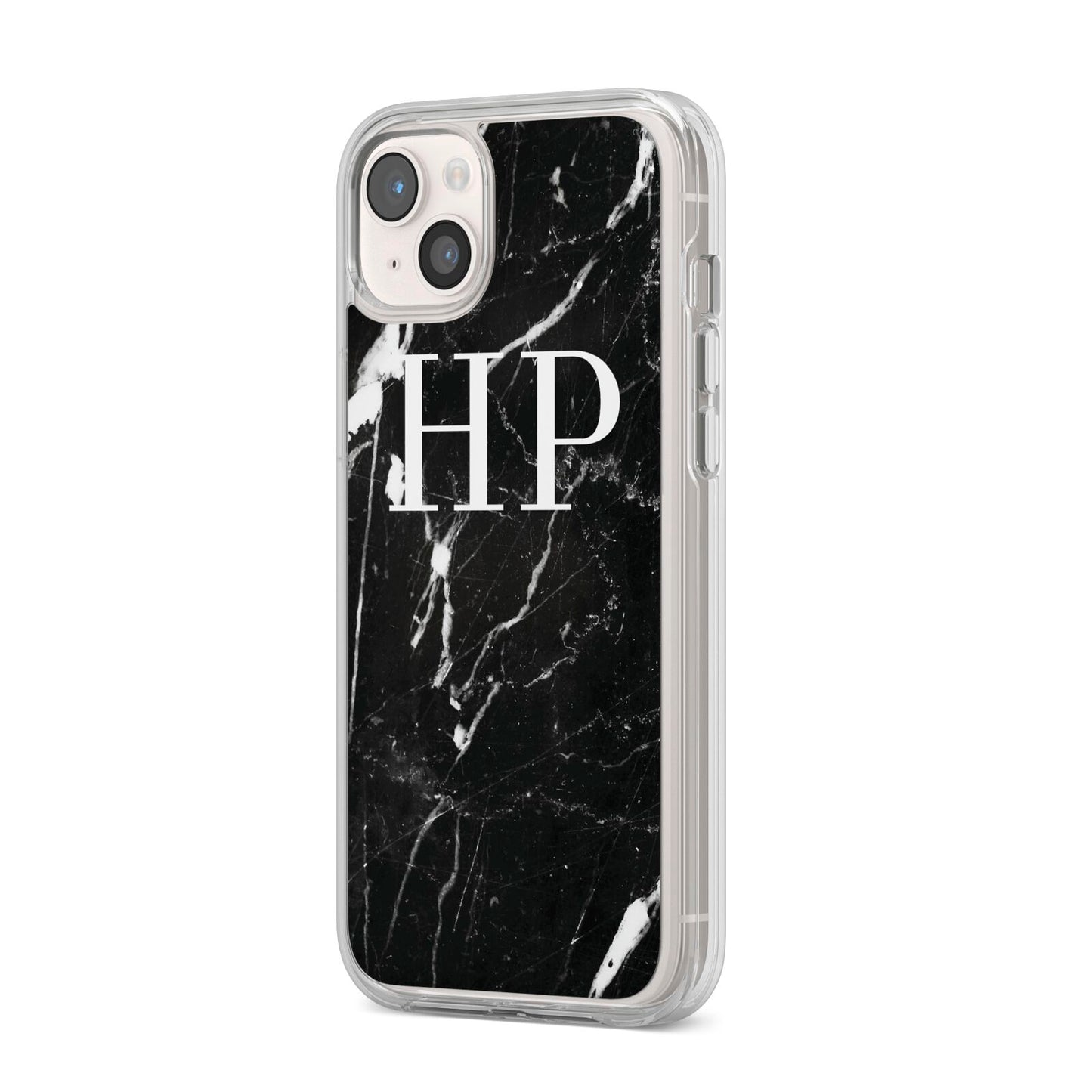 Marble White Initials Monogram Personalised iPhone 14 Plus Clear Tough Case Starlight Angled Image
