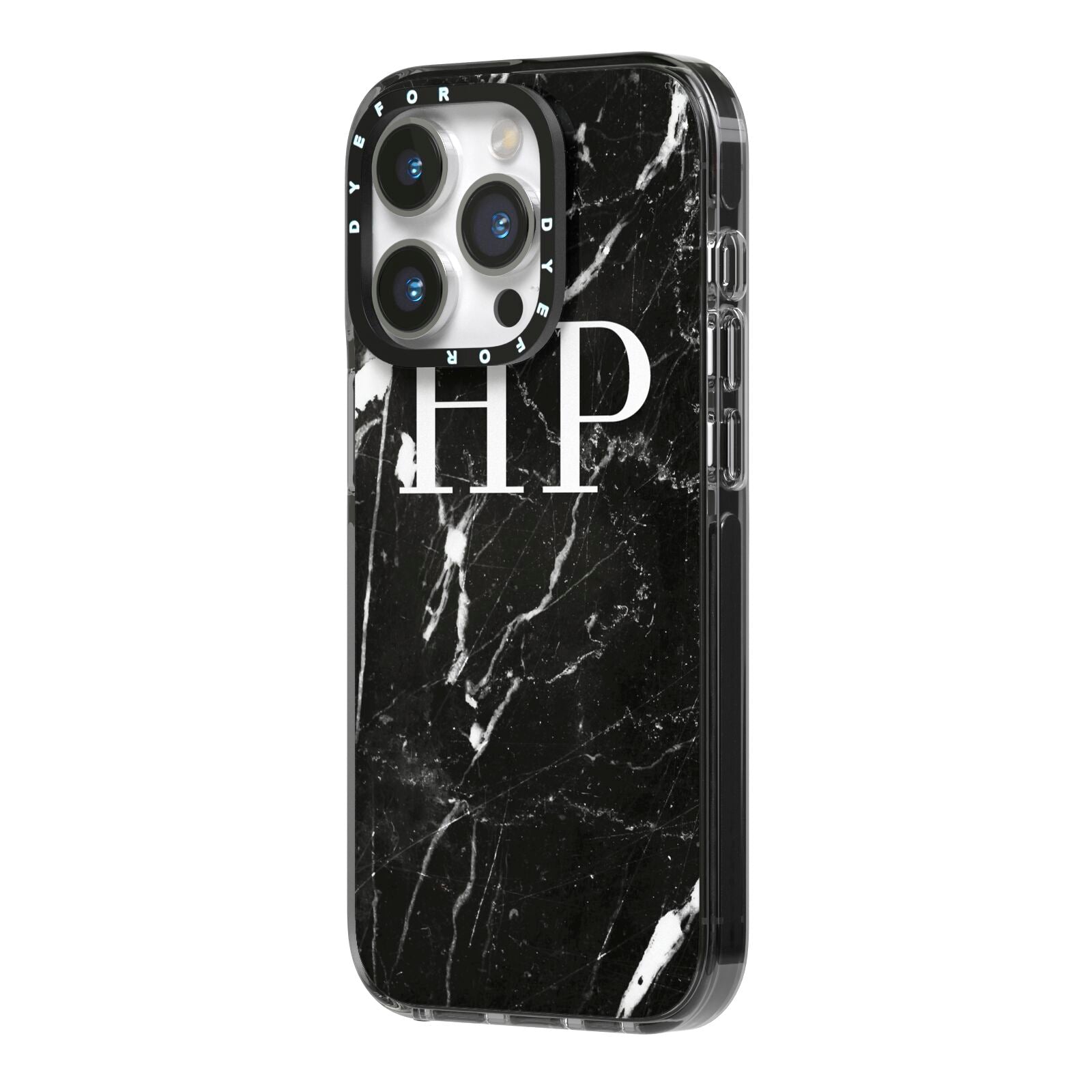 Marble White Initials Monogram Personalised iPhone 14 Pro Black Impact Case Side Angle on Silver phone
