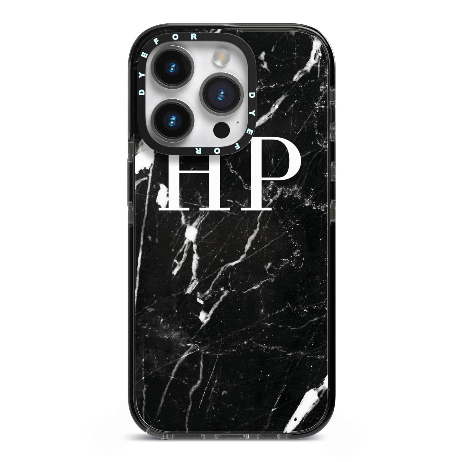 Marble White Initials Monogram Personalised iPhone 14 Pro Black Impact Case on Silver phone
