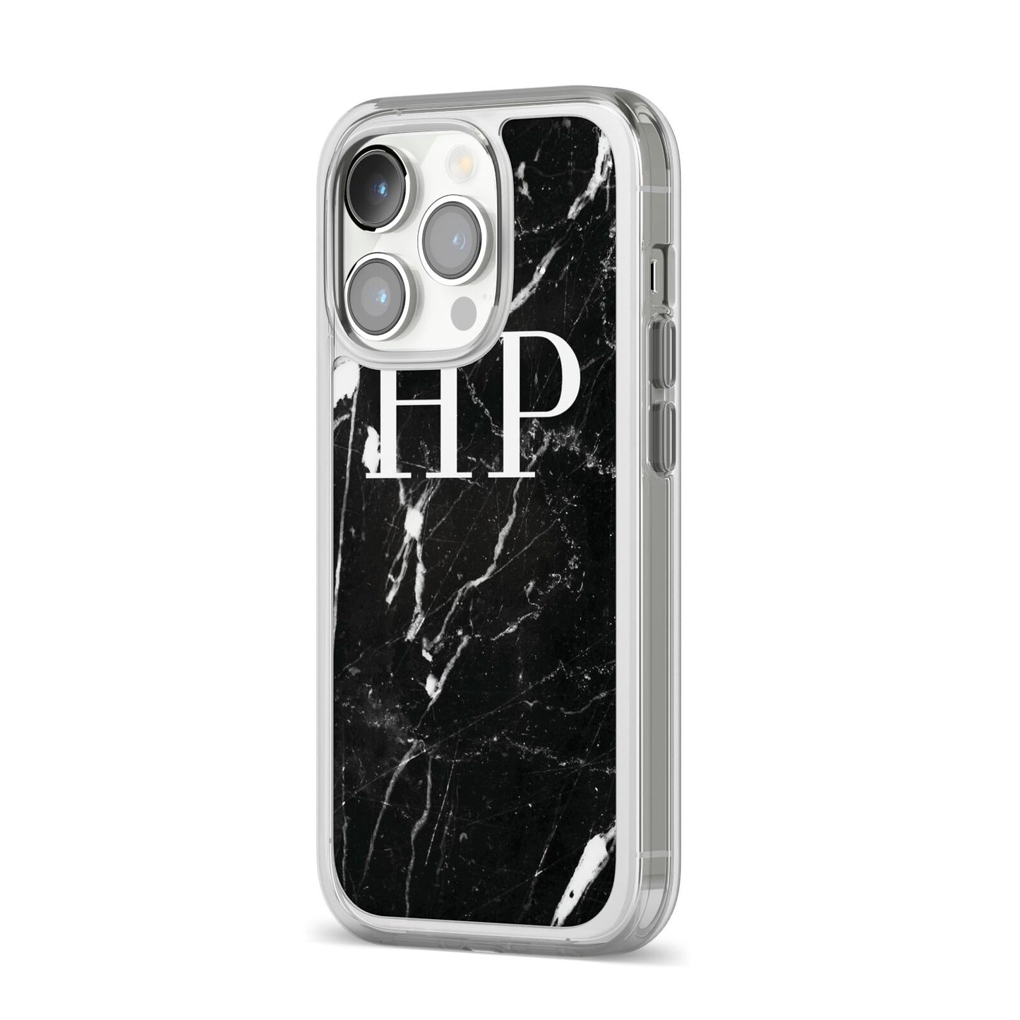 Marble White Initials Monogram Personalised iPhone 14 Pro Clear Tough Case Silver Angled Image