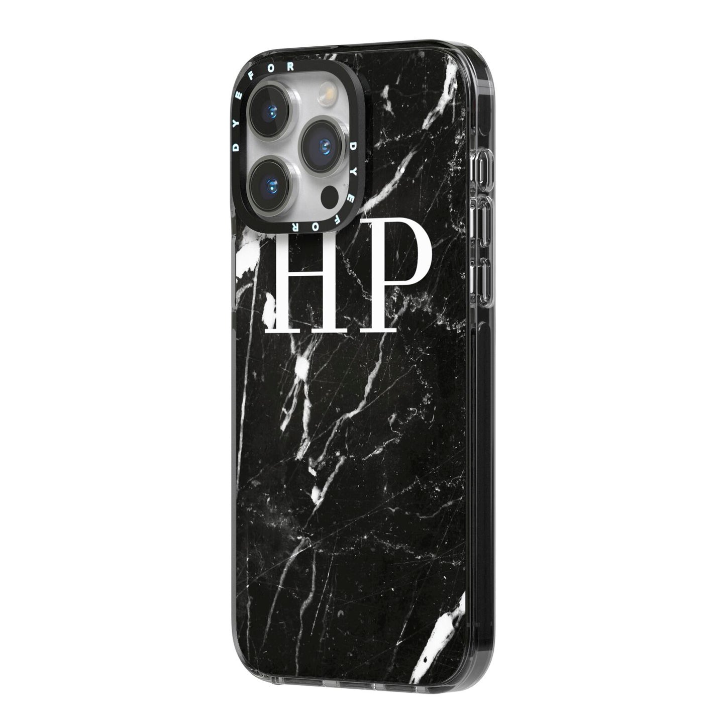 Marble White Initials Monogram Personalised iPhone 14 Pro Max Black Impact Case Side Angle on Silver phone