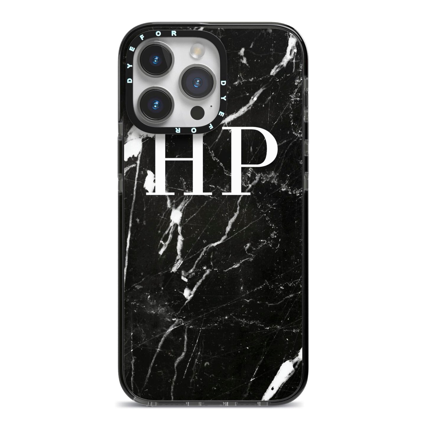 Marble White Initials Monogram Personalised iPhone 14 Pro Max Black Impact Case on Silver phone