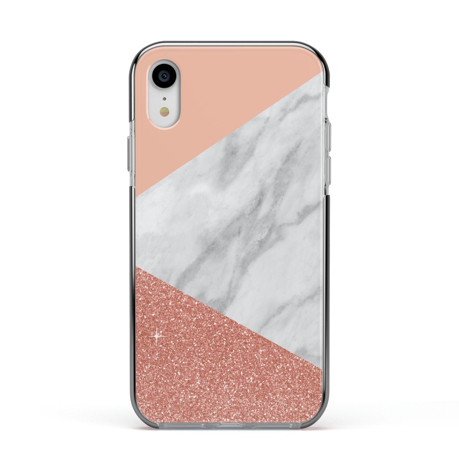 Marble White Rose Gold Apple iPhone XR Impact Case Black Edge on Silver Phone
