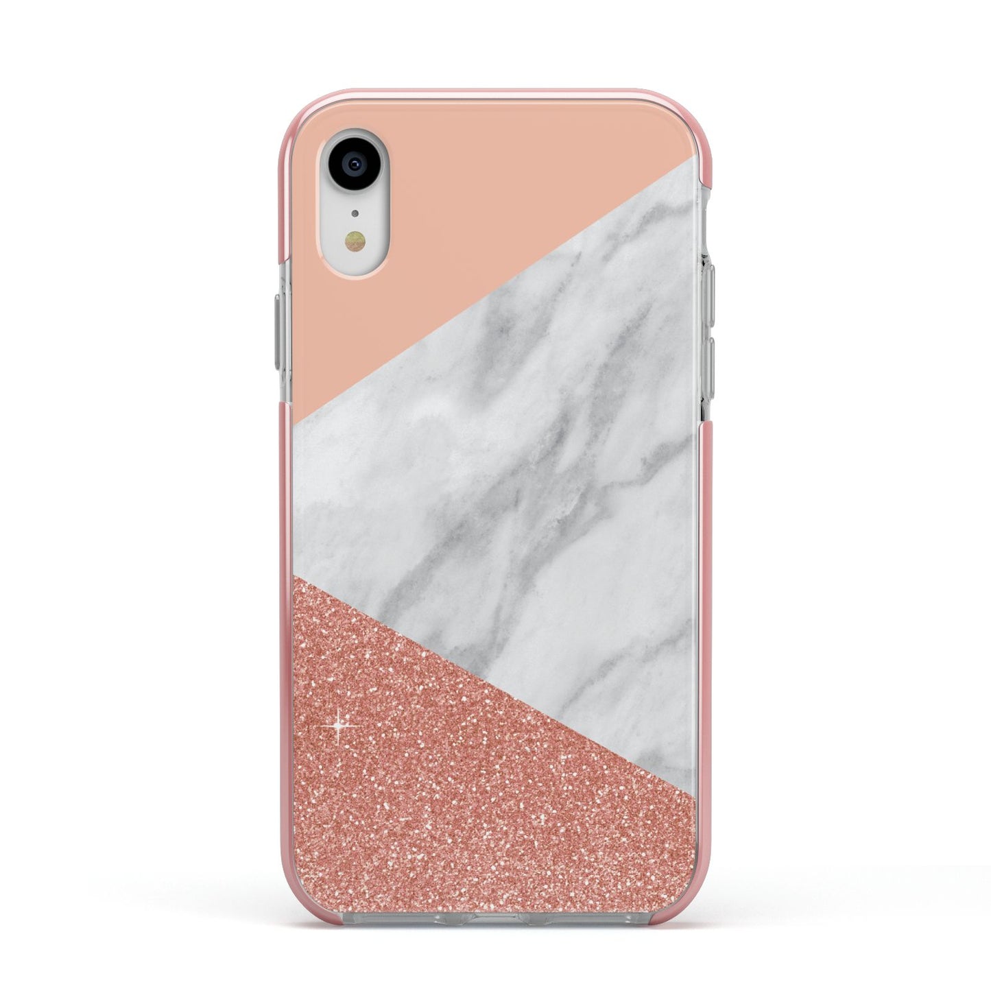 Marble White Rose Gold Apple iPhone XR Impact Case Pink Edge on Silver Phone