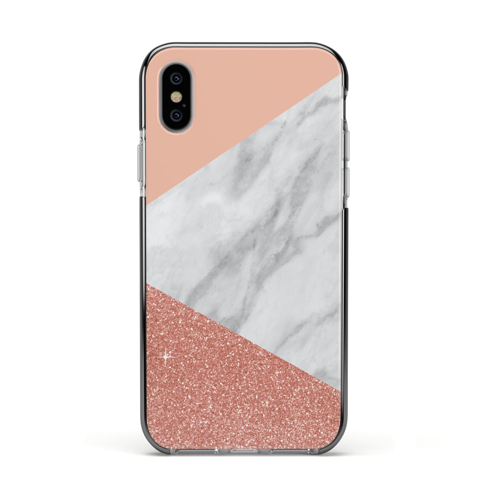 Marble White Rose Gold Apple iPhone Xs Impact Case Black Edge on Silver Phone