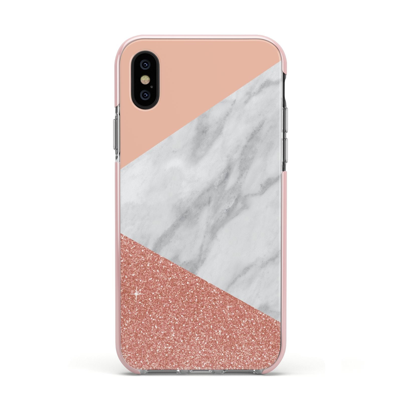 Marble White Rose Gold Apple iPhone Xs Impact Case Pink Edge on Black Phone