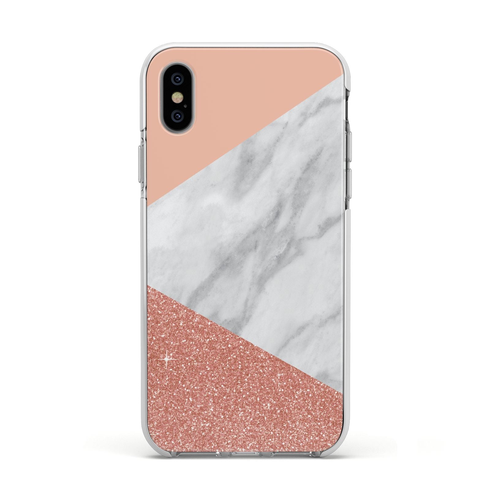 Marble White Rose Gold Apple iPhone Xs Impact Case White Edge on Silver Phone