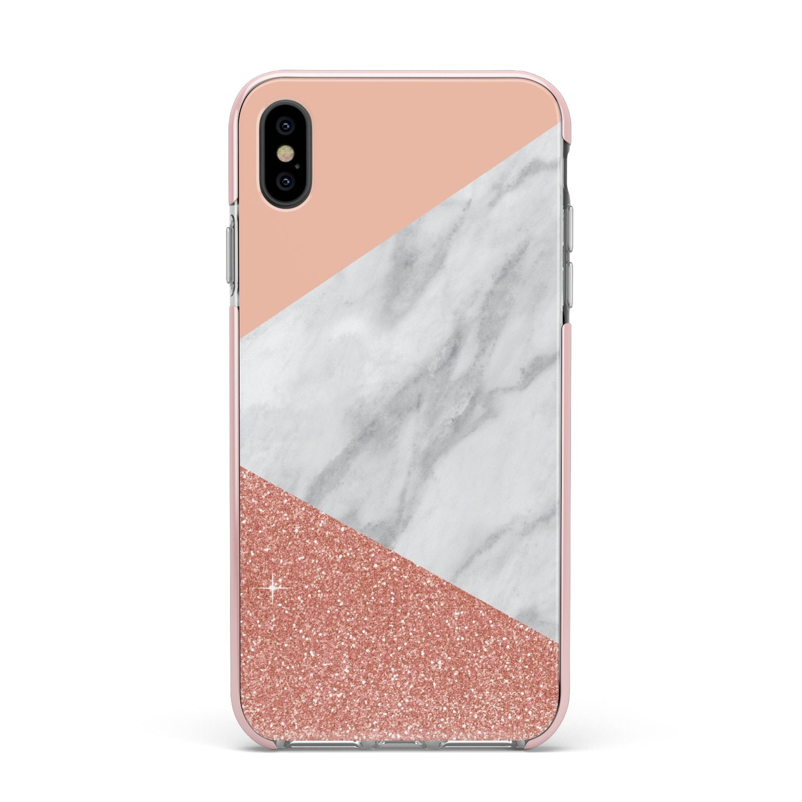 Marble White Rose Gold Apple iPhone Xs Max Impact Case Pink Edge on Black Phone