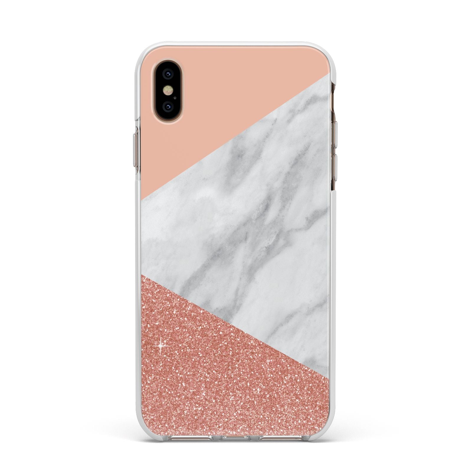 Marble White Rose Gold Apple iPhone Xs Max Impact Case White Edge on Gold Phone
