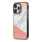 Marble White Rose Gold iPhone 13 Pro Black Impact Case Side Angle on Silver phone