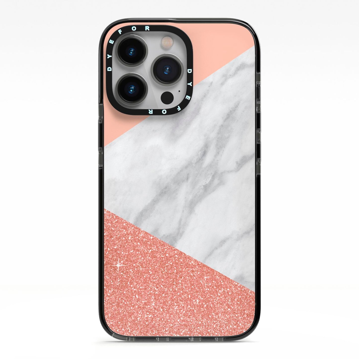 Marble White Rose Gold iPhone 13 Pro Black Impact Case on Silver phone