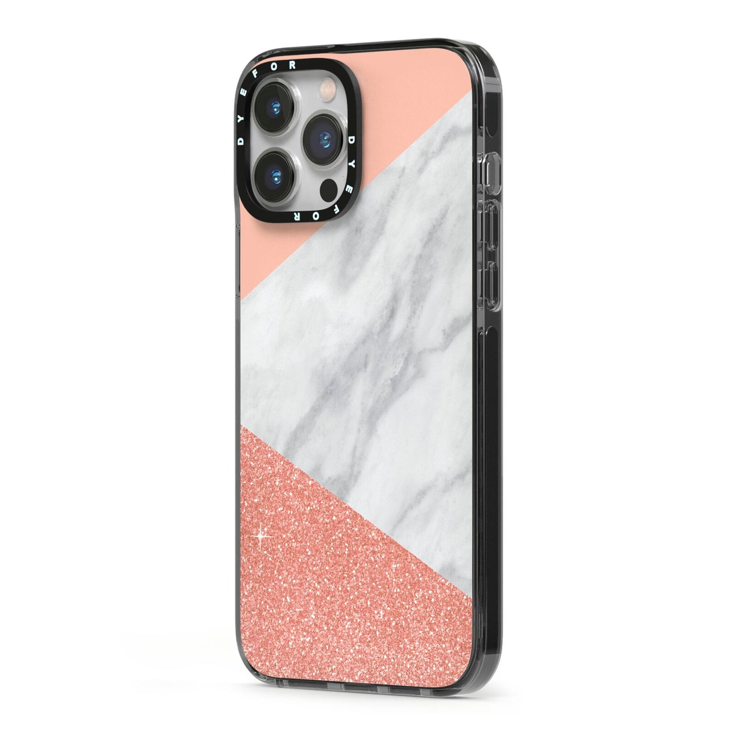 Marble White Rose Gold iPhone 13 Pro Max Black Impact Case Side Angle on Silver phone