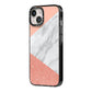 Marble White Rose Gold iPhone 14 Black Impact Case Side Angle on Silver phone