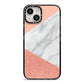 Marble White Rose Gold iPhone 14 Black Impact Case on Silver phone