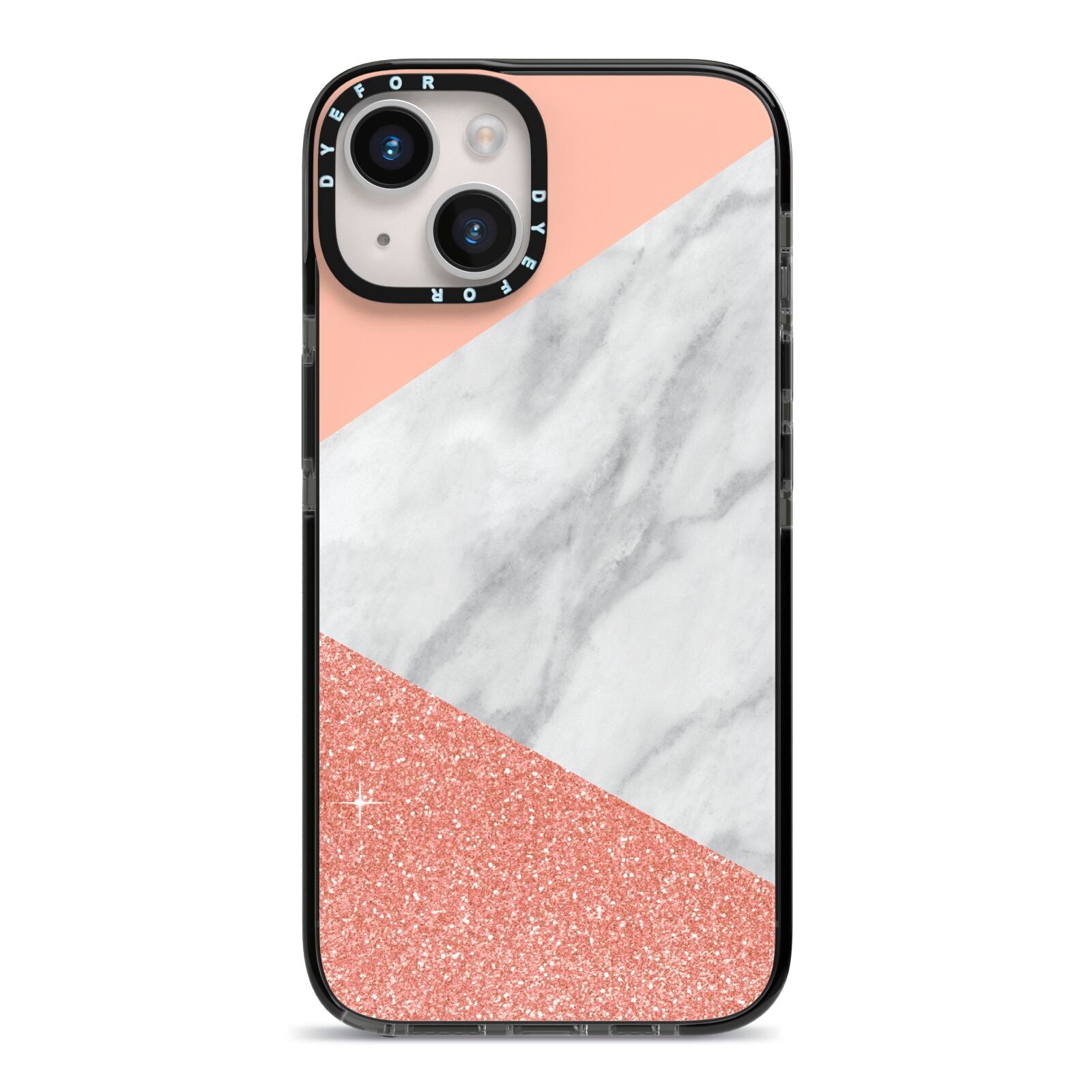 Marble White Rose Gold iPhone 14 Black Impact Case on Silver phone