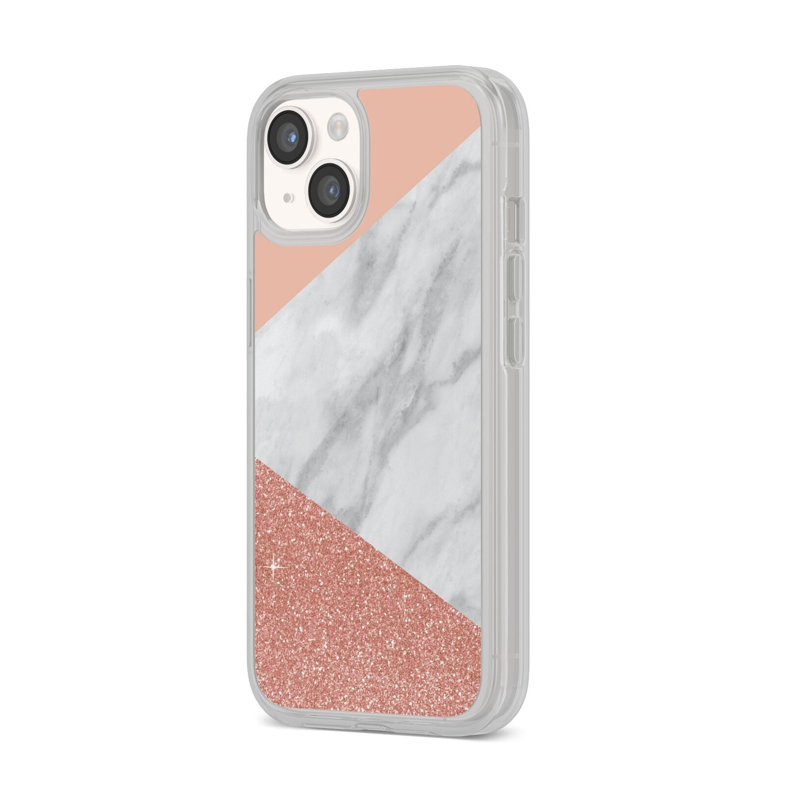 Marble White Rose Gold iPhone 14 Clear Tough Case Starlight Angled Image