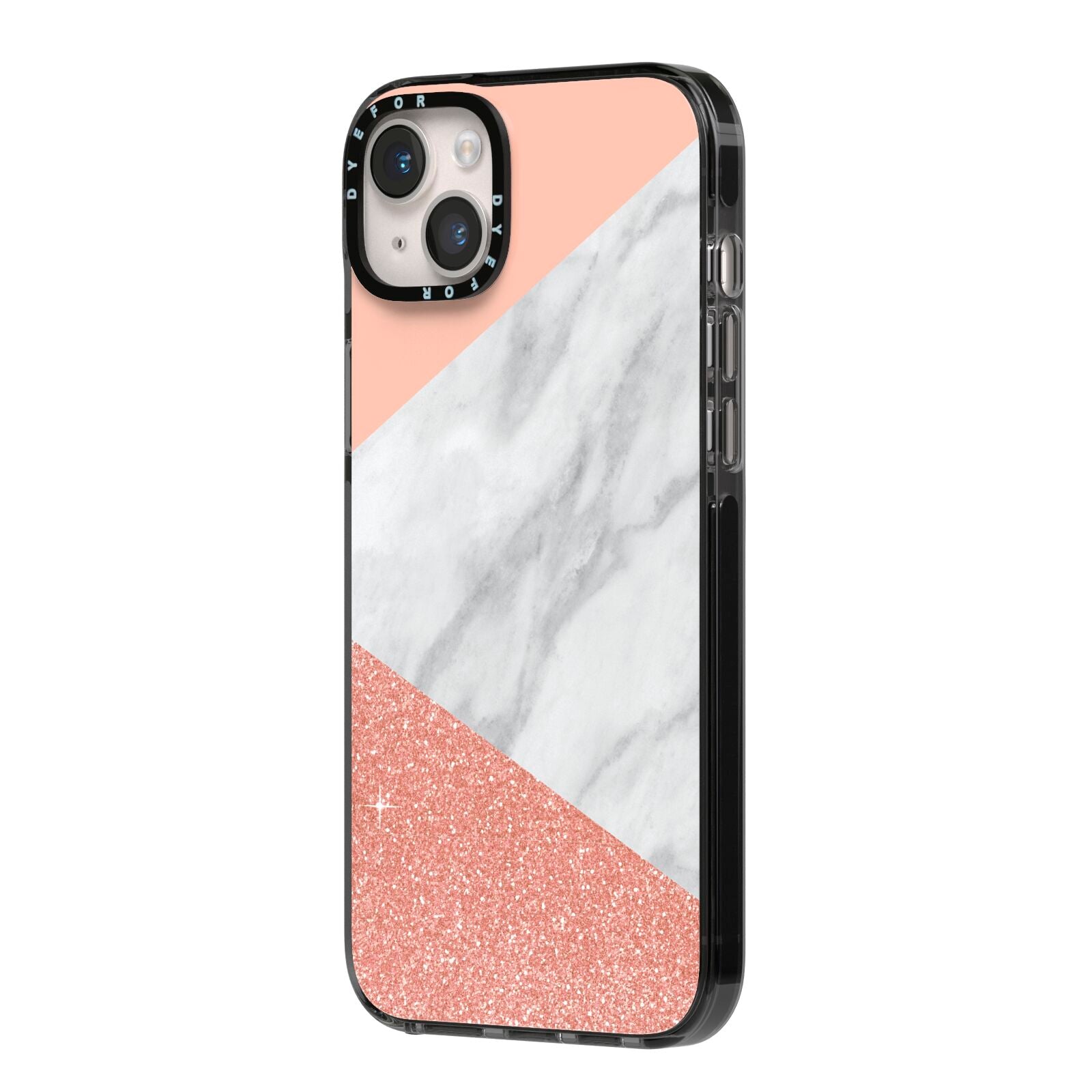 Marble White Rose Gold iPhone 14 Plus Black Impact Case Side Angle on Silver phone