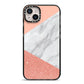 Marble White Rose Gold iPhone 14 Plus Black Impact Case on Silver phone