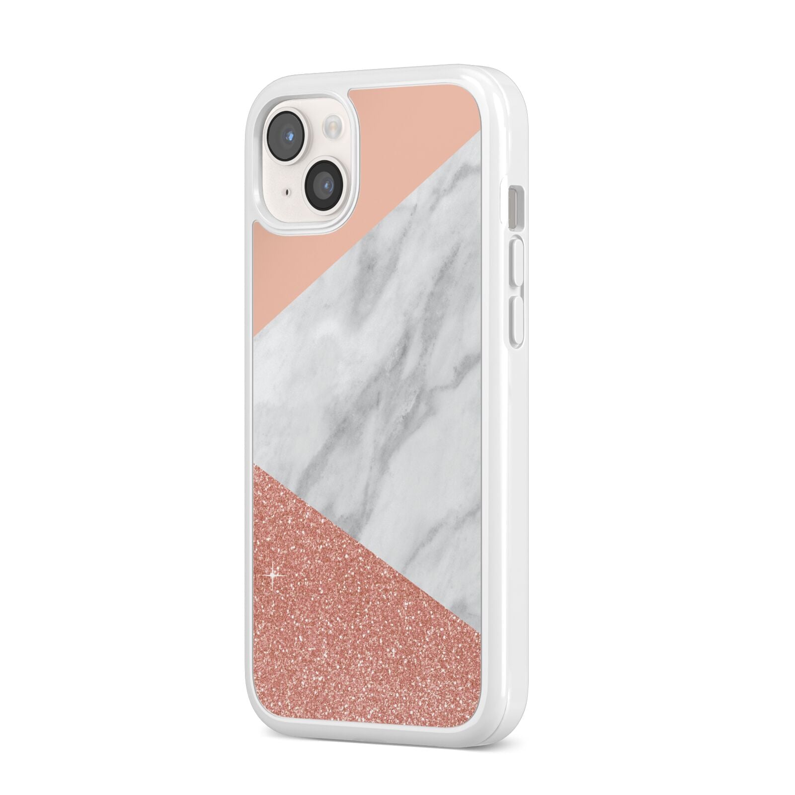 Marble White Rose Gold iPhone 14 Plus Clear Tough Case Starlight Angled Image