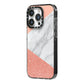 Marble White Rose Gold iPhone 14 Pro Black Impact Case Side Angle on Silver phone