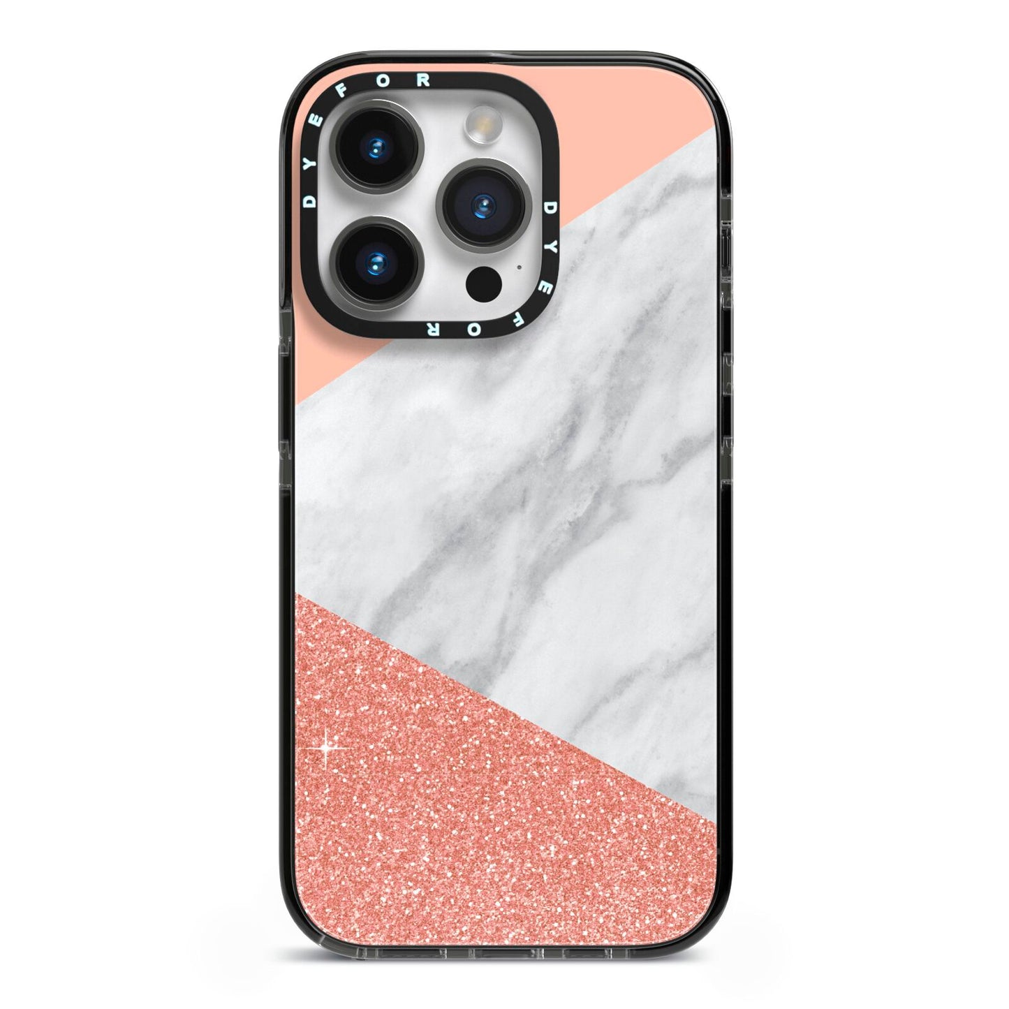 Marble White Rose Gold iPhone 14 Pro Black Impact Case on Silver phone