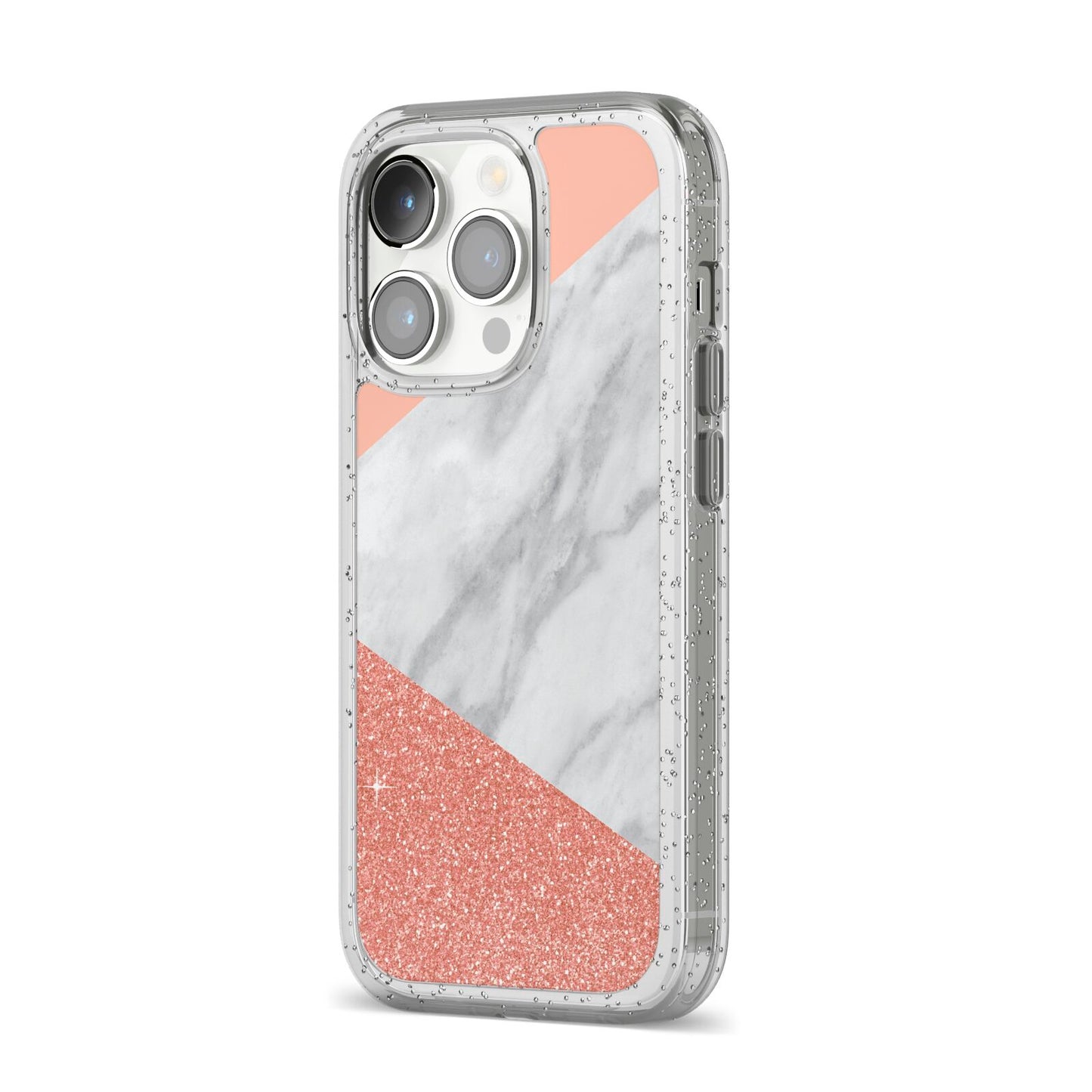 Marble White Rose Gold iPhone 14 Pro Glitter Tough Case Silver Angled Image