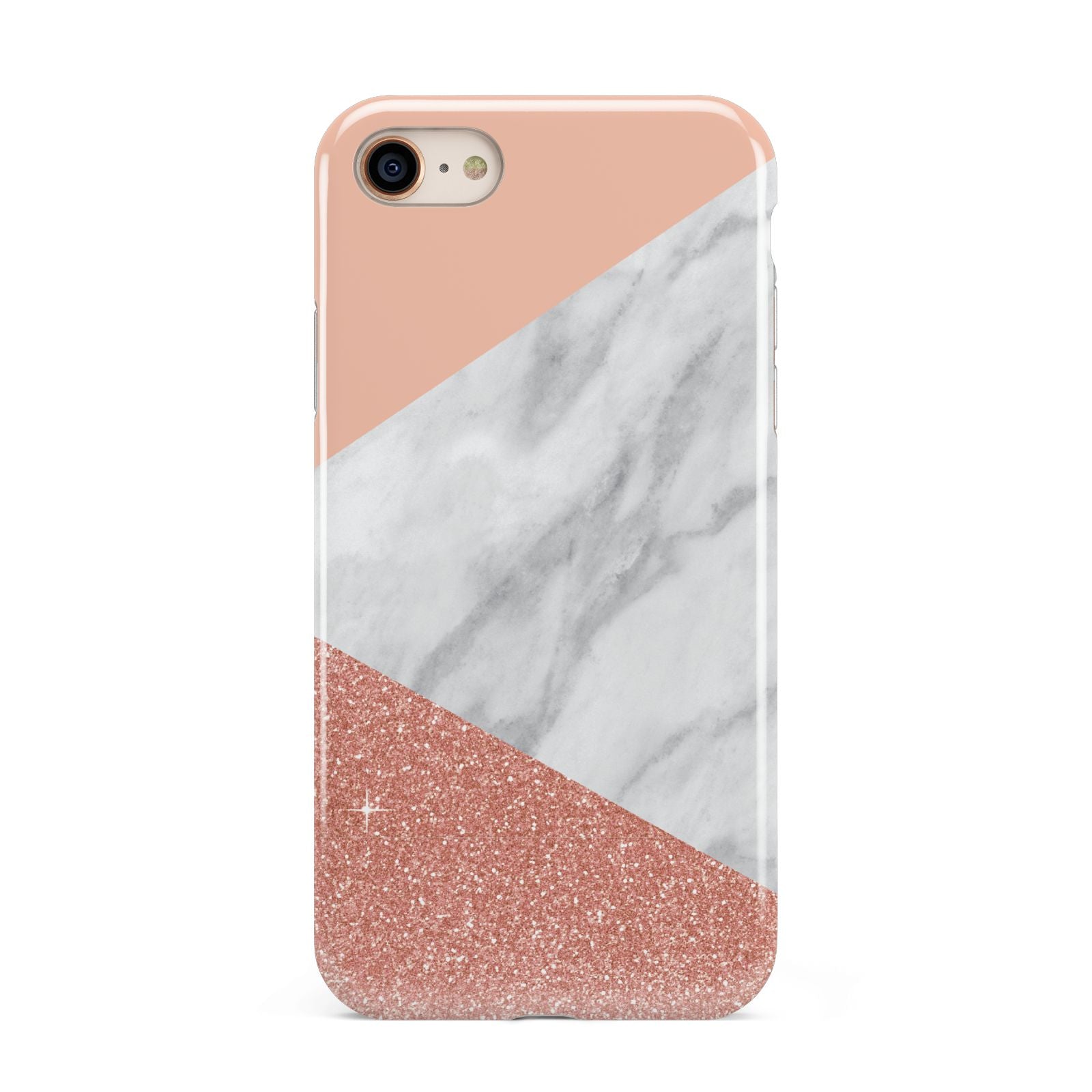 Marble White Rose Gold iPhone 8 3D Tough Case on Gold Phone