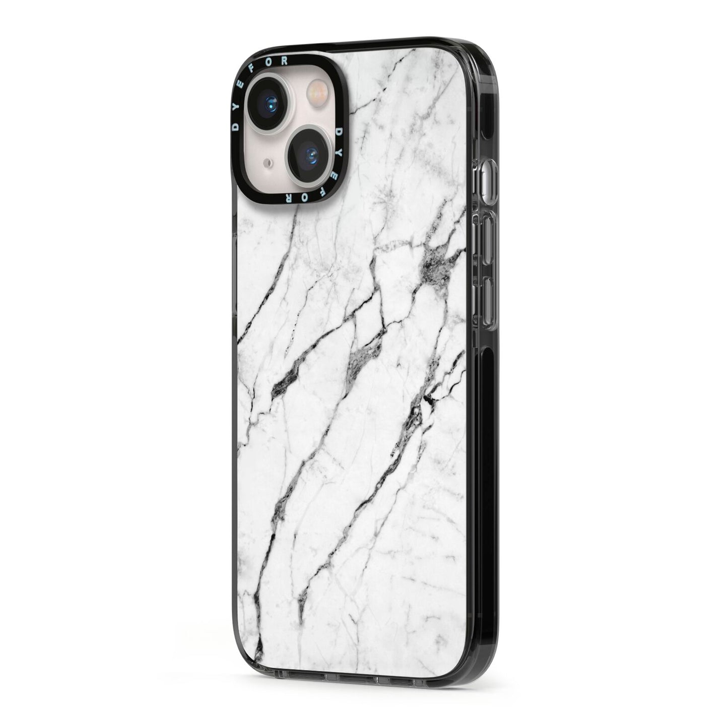 Marble White iPhone 13 Black Impact Case Side Angle on Silver phone