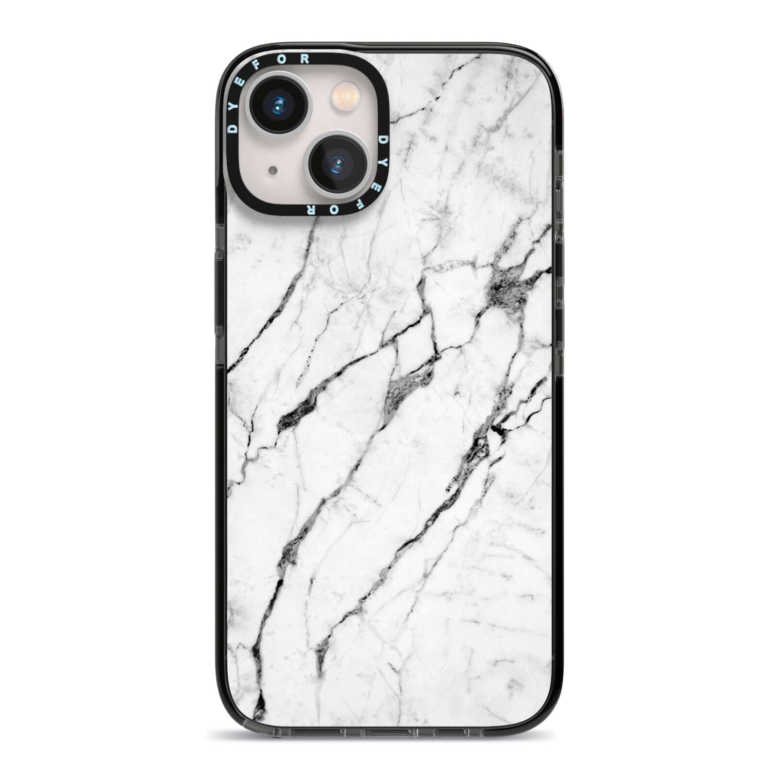 Marble White iPhone 13 Black Impact Case on Silver phone