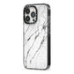Marble White iPhone 13 Pro Black Impact Case Side Angle on Silver phone